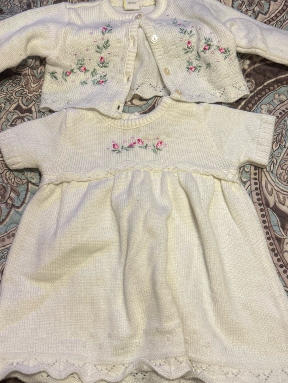 Vintage Cream Knit Baby Dress and Cardigan Set with Pink Rose Embroidery